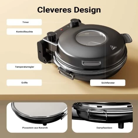 Four à Pizza Plaque En Pierre Céramique Ø32cm Fenêtre 2 Éléments Chauffants 400°C Max. Minuterie – Image 3