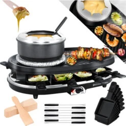KESSER® Appareil à Raclette 3 en 1 Avec Pierre De Cuisson Naturelle, Plaque De Gril Et Fondue, Barbecue De Table Pour 8 convives, Barbecue électrique Raclette Barbecue Plaque Antiadhésive, 8 poêlons E