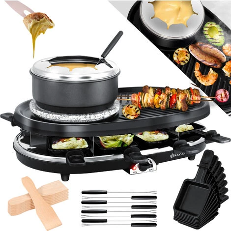 KESSER® Appareil à Raclette 3 en 1 Avec Pierre De Cuisson Naturelle, Plaque De Gril Et Fondue, Barbecue De Table Pour 8 convives, Barbecue électrique Raclette Barbecue Plaque Antiadhésive, 8 poêlons E