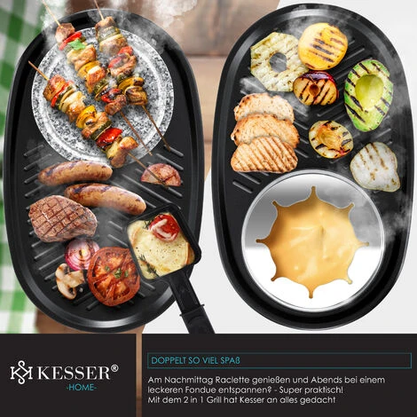 KESSER® Appareil à Raclette 3 en 1 Avec Pierre De Cuisson Naturelle, Plaque De Gril Et Fondue, Barbecue De Table Pour 8 convives, Barbecue électrique Raclette Barbecue Plaque Antiadhésive, 8 poêlons E – Image 3