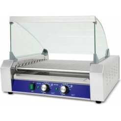 Vertes Hot Dog Maker Machine à Hot Dog Gril à Saucisses Et Réchauffeur Électrique 2200W (Acier Inoxydable, 11 Rouleaux, Température De 50 à 250°C, 2 Zones De Chauffage, Couvercle En Verre Trempé)