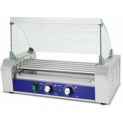 Vertes Hot Dog Maker Machine à Hot Dog Gril à Saucisses Et Réchauffeur Électrique 1000W (Acier Inoxydable, 5 Rouleaux, Température De 50 à 250°C, 2 Zones De Chauffage, Couvercle En Verre Trempé)