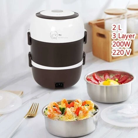 2L Boîte à Lunch Électrique Boîte De Nourriture Portable Boite Chauffante Repas Cuiseur à Riz à Vapeur 3 Couches 220V Pot Intérieur En Acier Inoxydable – Image 3