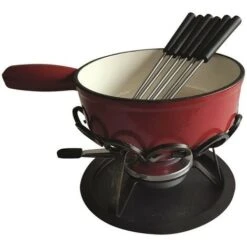 TABLE ET COOK - Fondue Diam. 24 Cm Rouge Uni Réchaud Fer Forgé 6 Fourchett