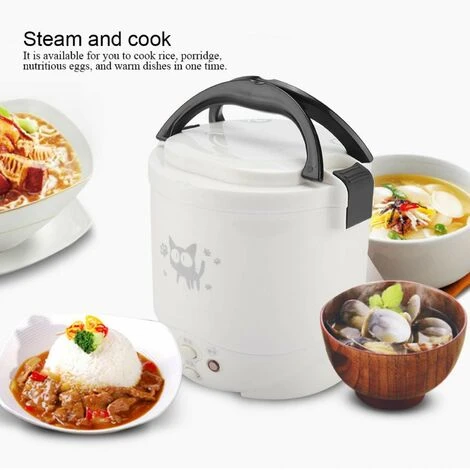 Mini Cuiseur à Riz, Cuiseur à Vapeur électrique 12V 100W 1L, Cuiseur à Vapeur De Voyage Portable Petit, Tout-en-1 Multi Cooker Pot étanche Antiadhésif Fonction De Maintien Au Chaud(blanc) – Image 2